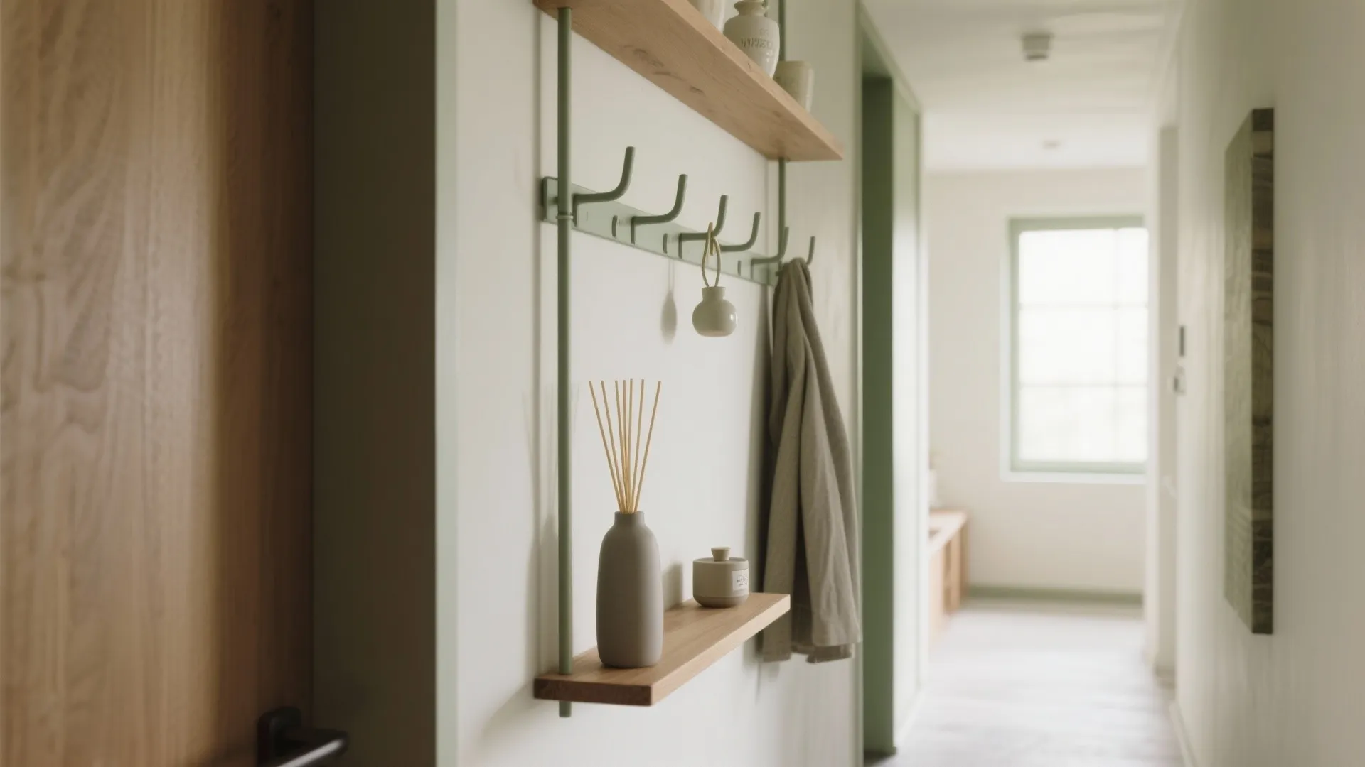 Modern hallway with wall mounted wooden shelves green coat hooks a grey jacket and diffuser