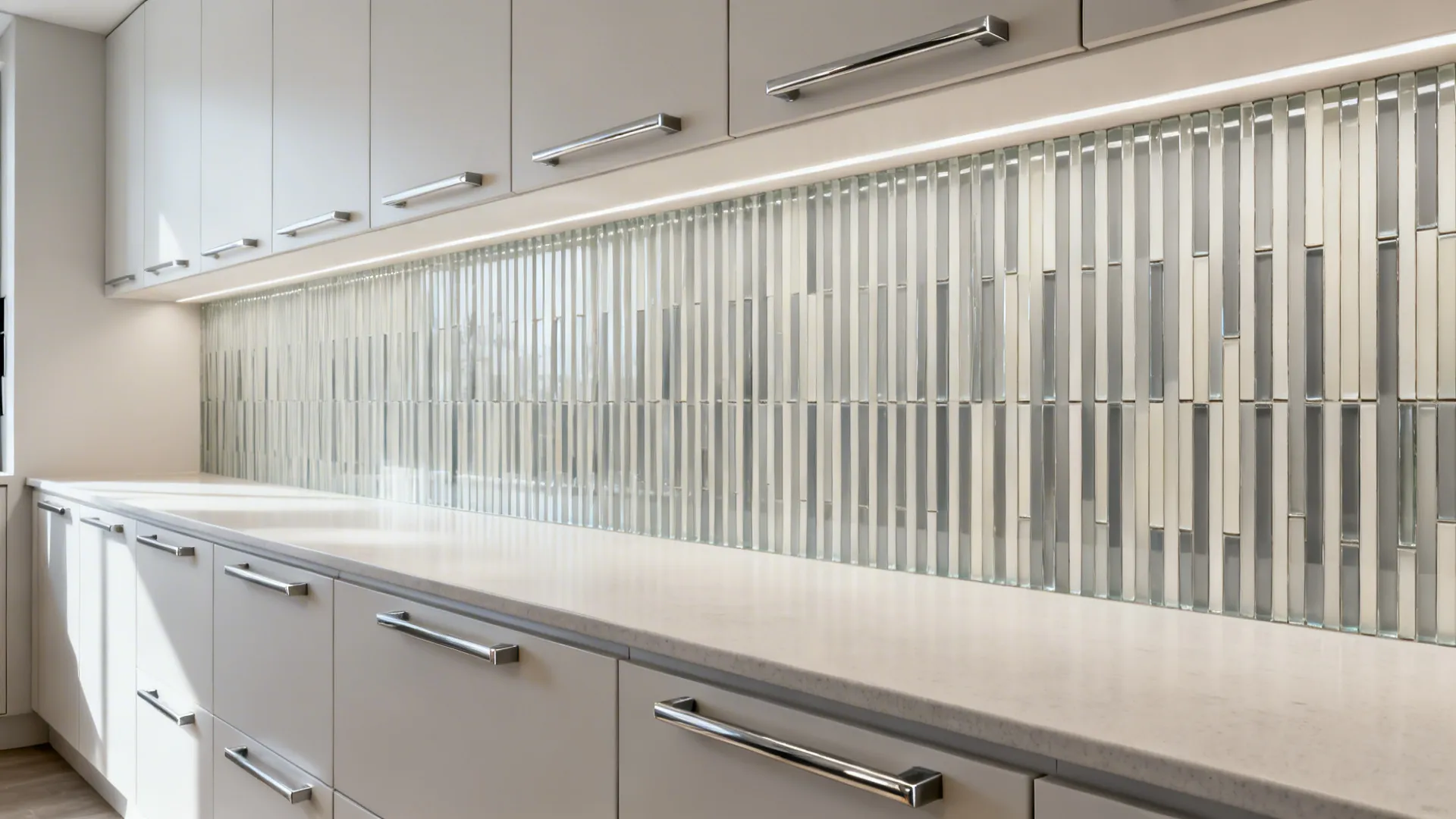 Vertically stacked skinny glass stick mosaic backsplash elongating a small galley kitchen.