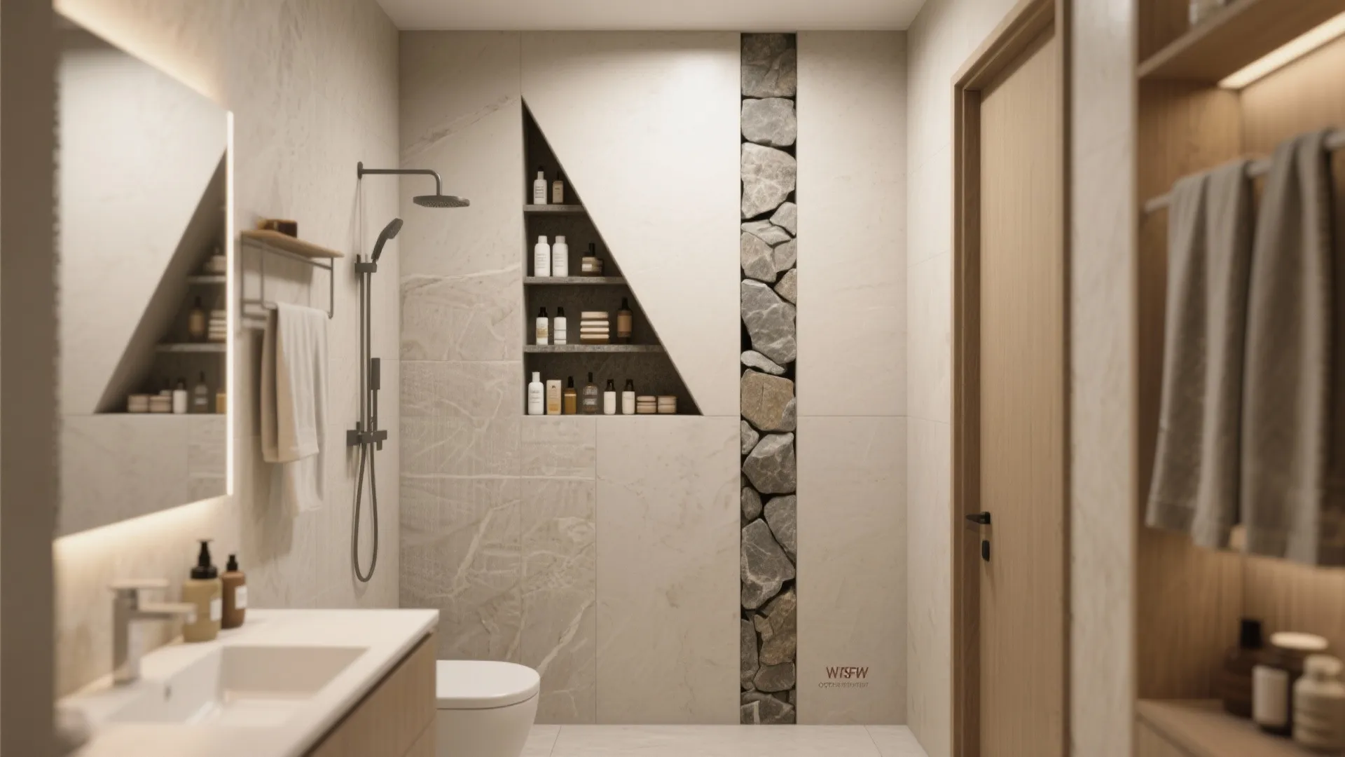 5. Pocket niches, angled showers, and vertical stone bands