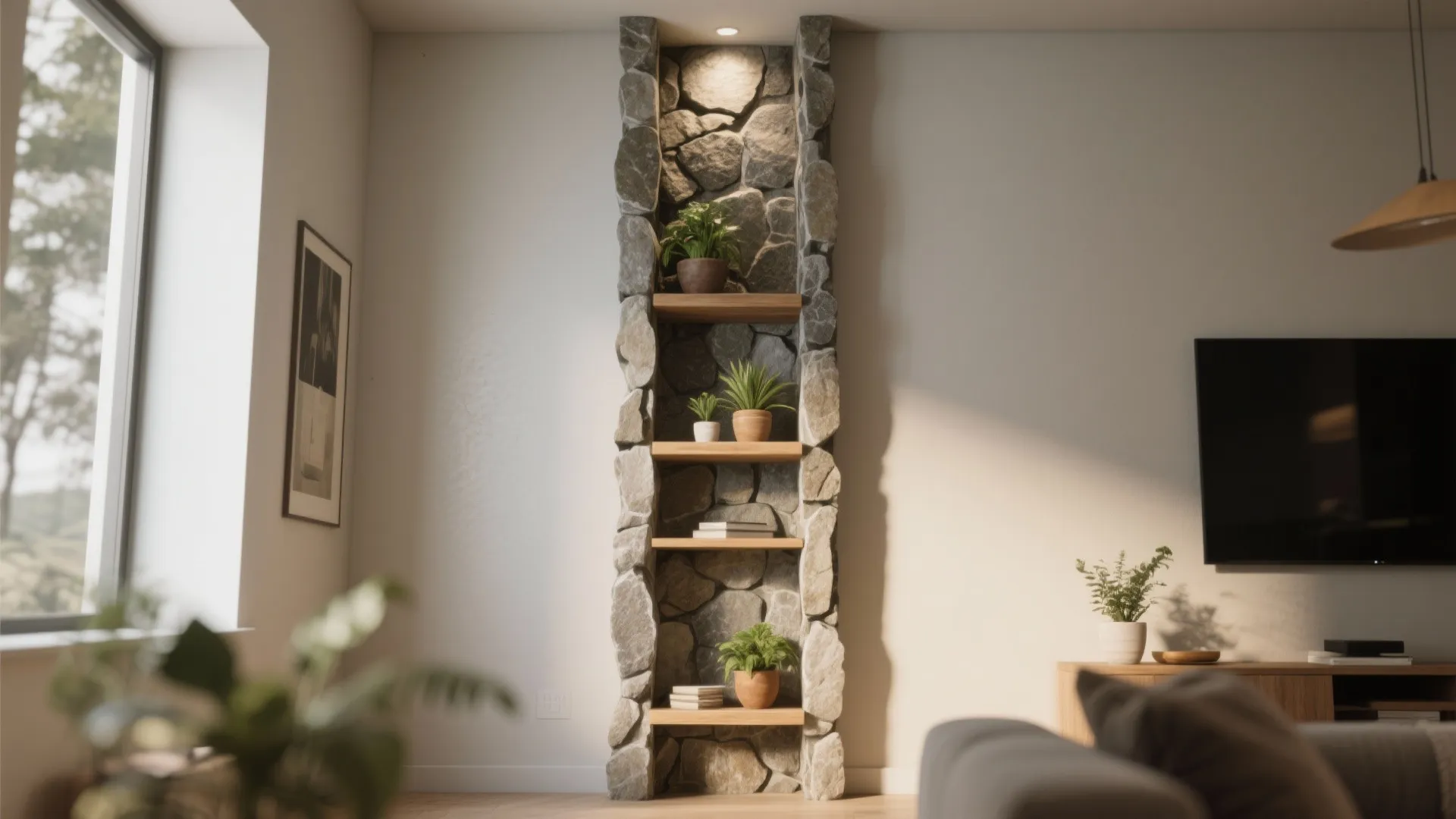 3. Vertical stone niche for plants and shelving