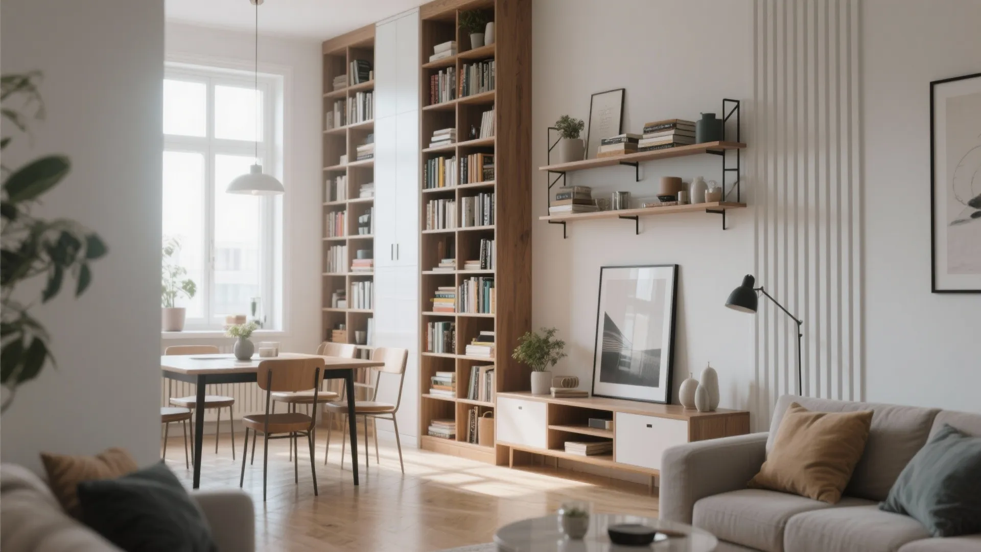 Large wooden wall cabinet and bookshelves standing next to dining table and modern grey sofa set