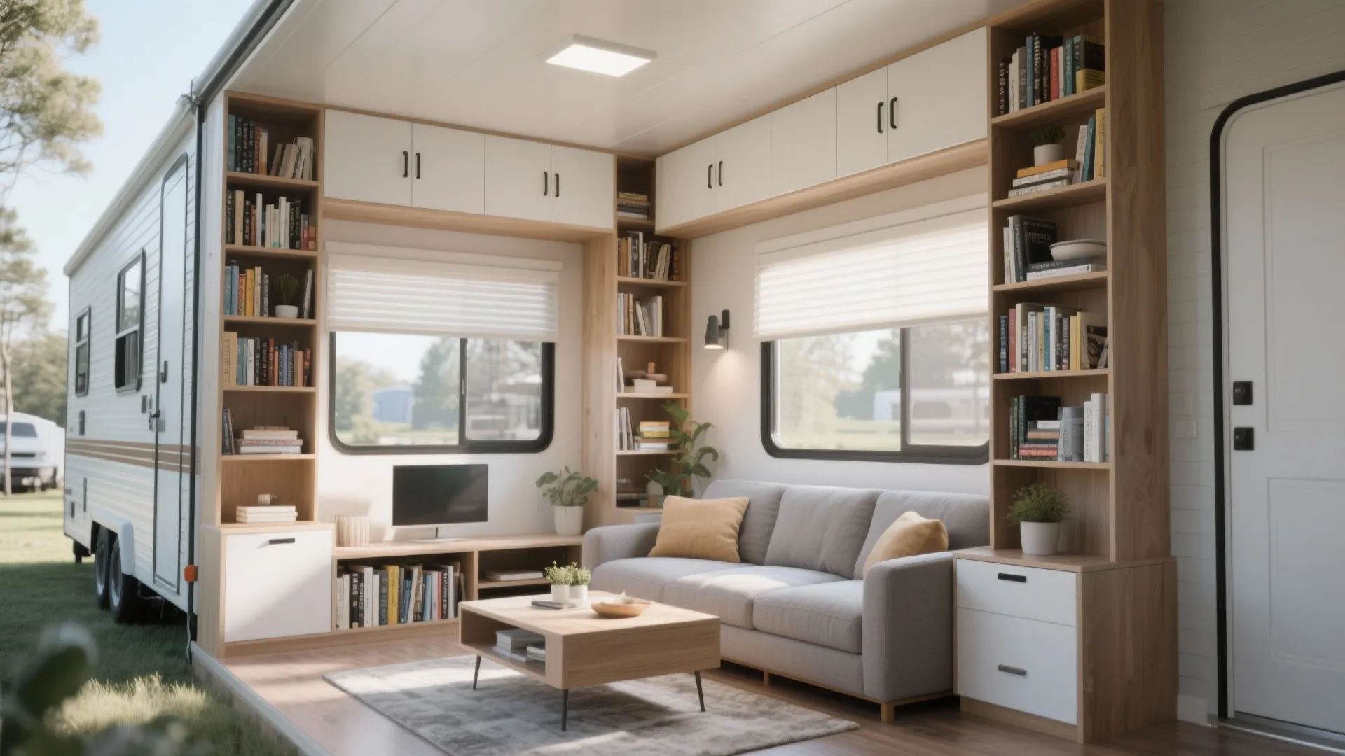 Small living room interior with grey sofa wooden bookshelves white cabinets coffee table and light