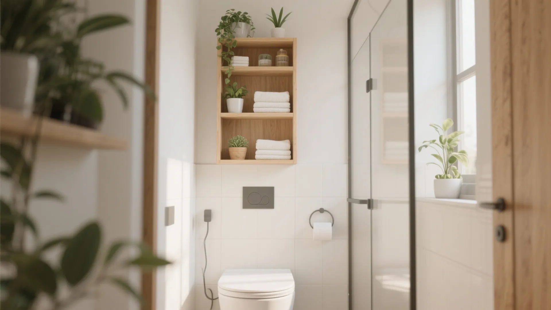 Small bathroom featuring white toilet, wooden wall shelf with towels, and green plants for decoration