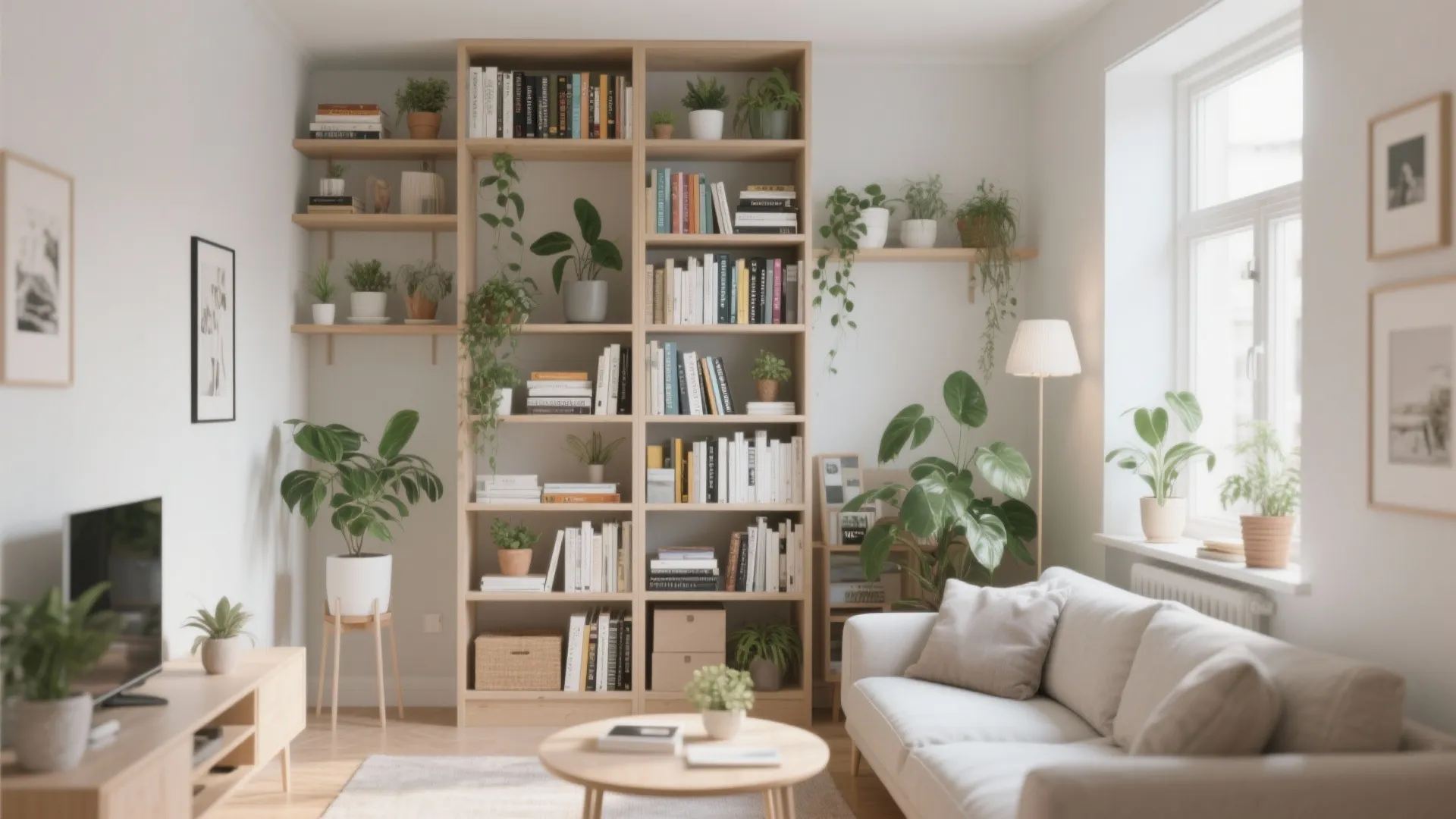Tall shelving unit for vertical storage in a small living room