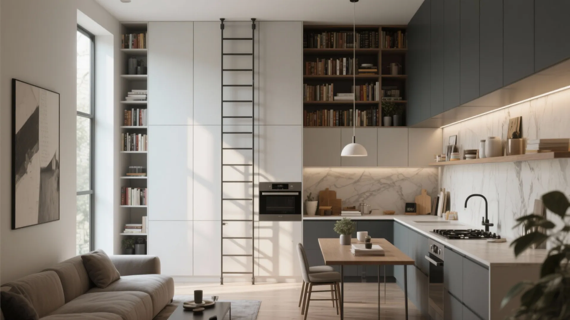 Modern apartment interior with floor to ceiling white bookshelves a black metal ladder and kitchen