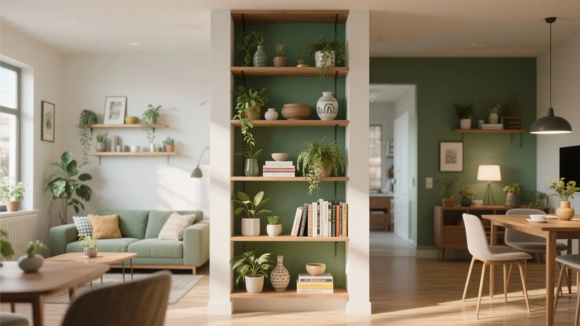 Tall wooden bookshelf with potted plants and books separating a living room and dining area