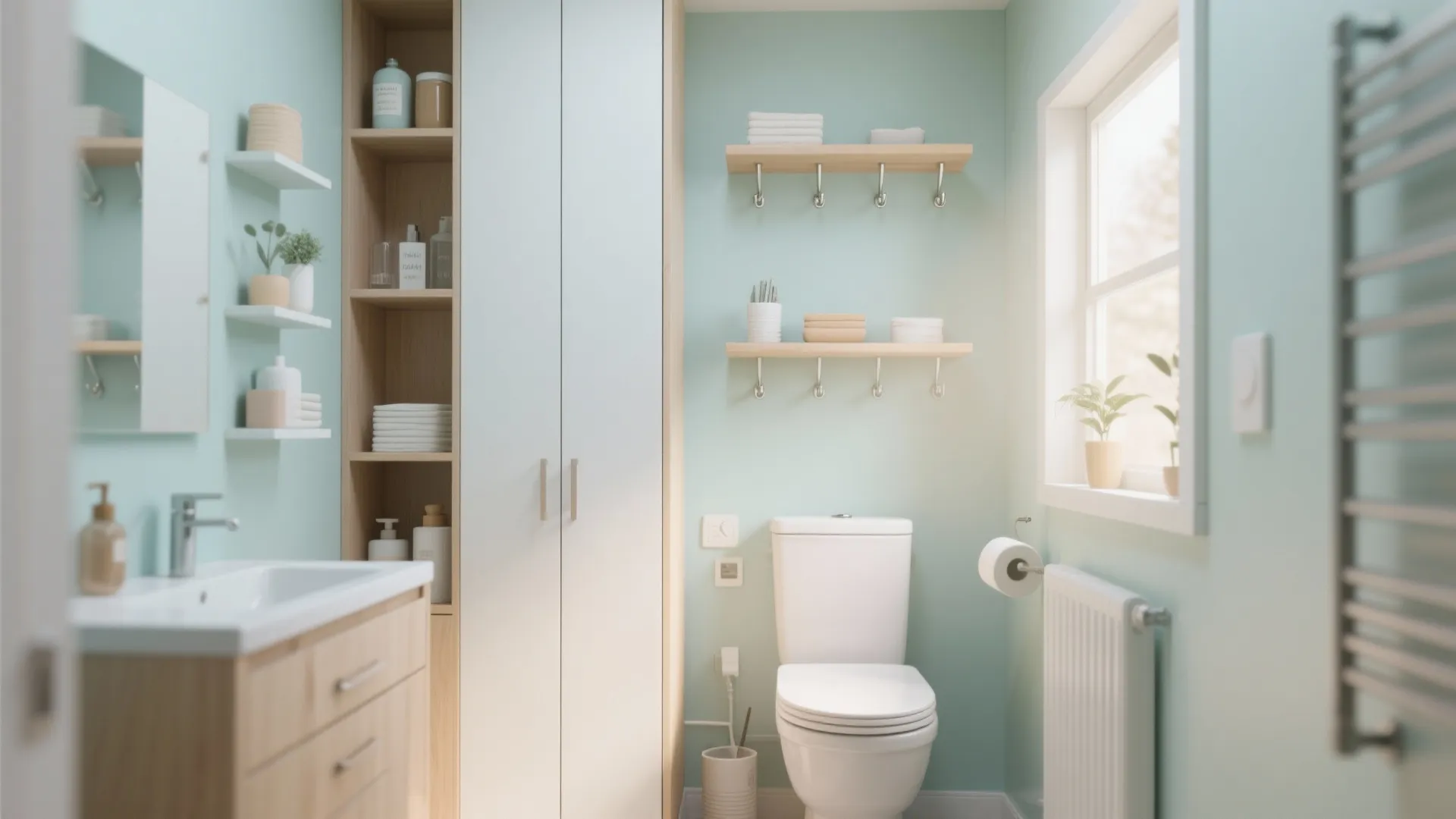 Small light green bathroom with white toilet wooden shelves tall cabinet and bright window light