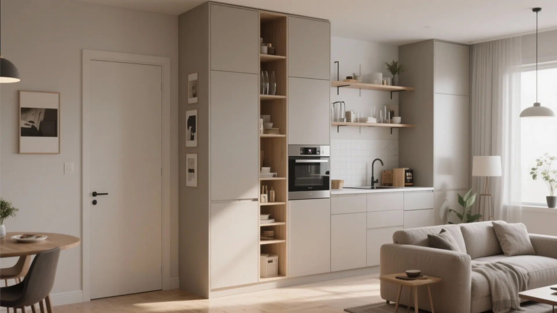 Tall cabinets and wall shelving maximize storage in small space