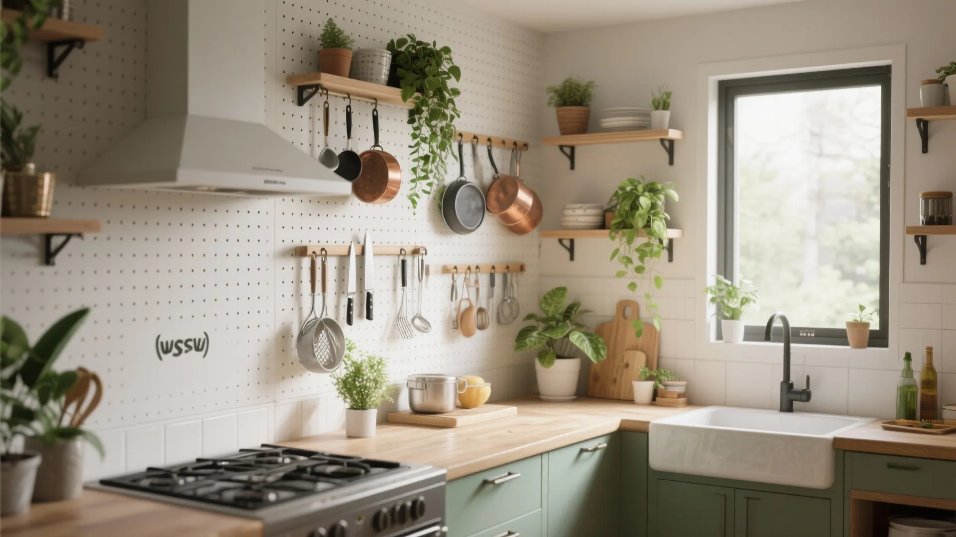 Kitchen wall with pegboard storage copper pans green plants wooden shelves sink and gas stove