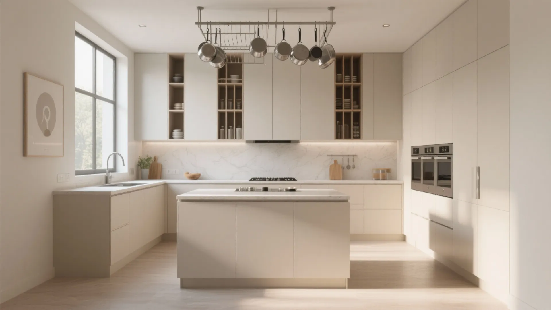 Spacious kitchen with cream cabinets central island hanging pot rack large window and wooden floor layout