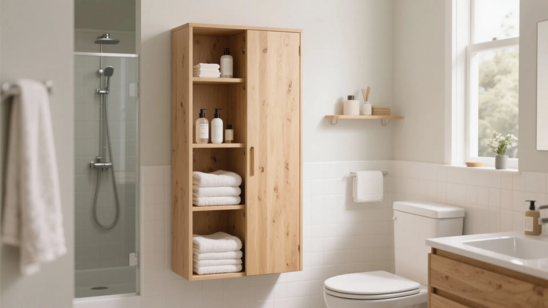 Wooden wall cabinet with white towels and bottles next to a glass shower and toilet