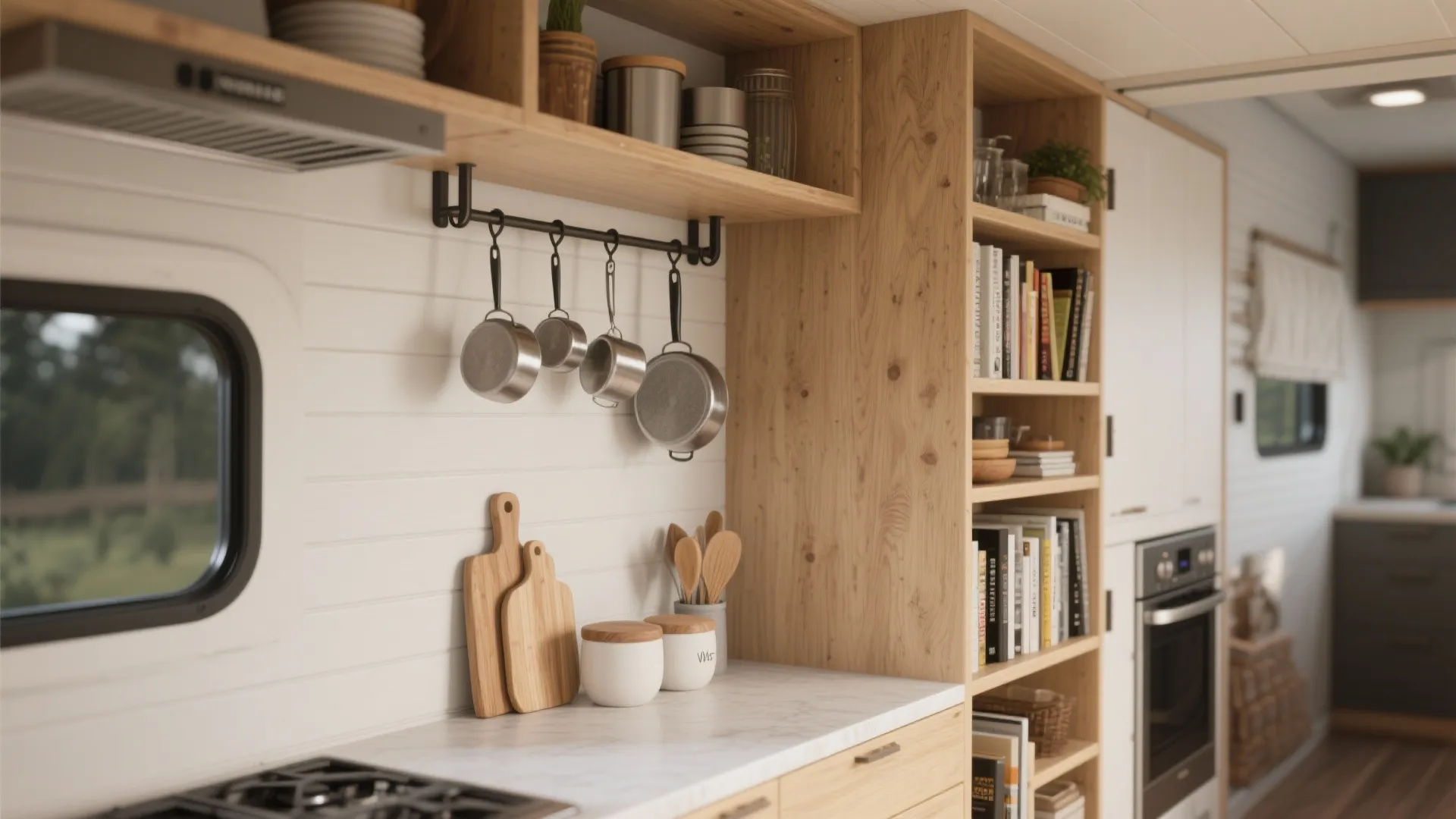 Bright kitchen interior with wooden shelves holding books and metal pots hanging on a rail