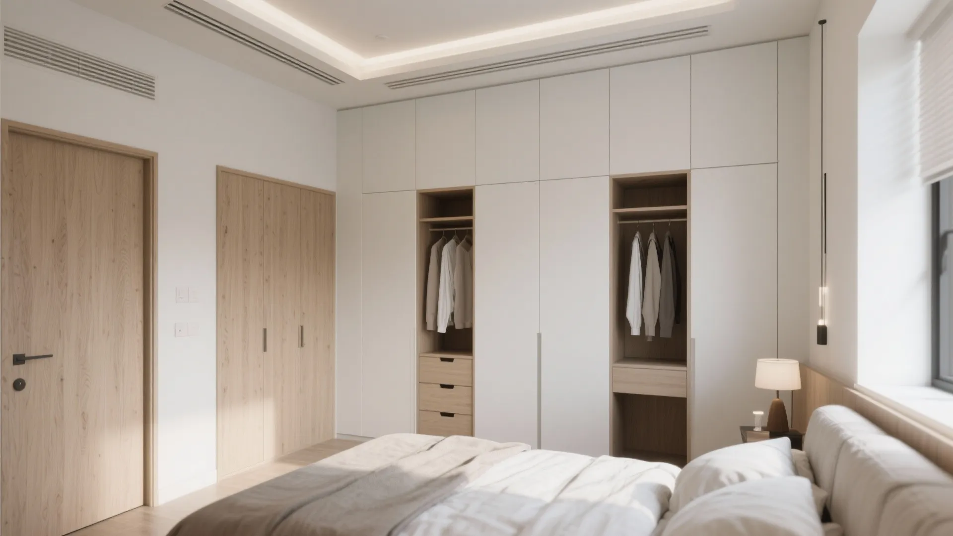 Large white built in wardrobe with open wooden shelves showing hanging clothes and wooden door