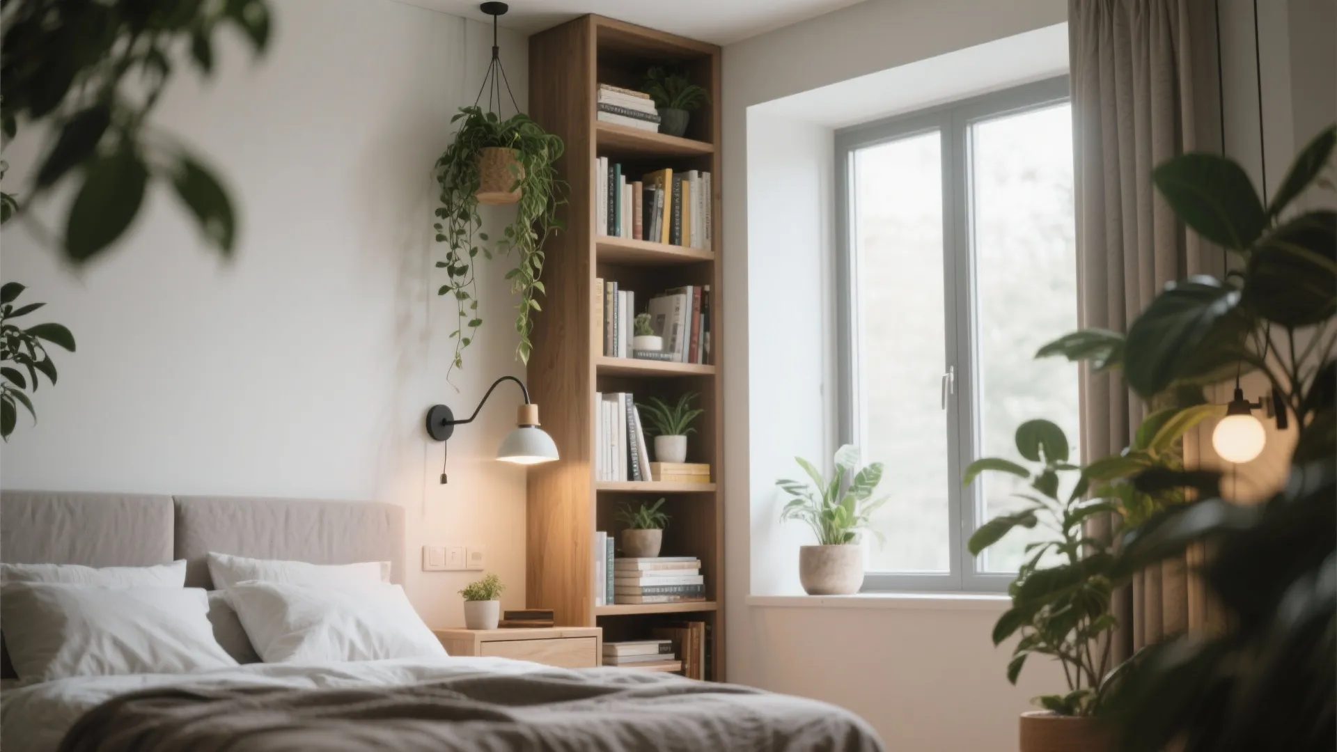Modern bedroom with wooden tall bookshelf wall light indoor plants large window and a white bed