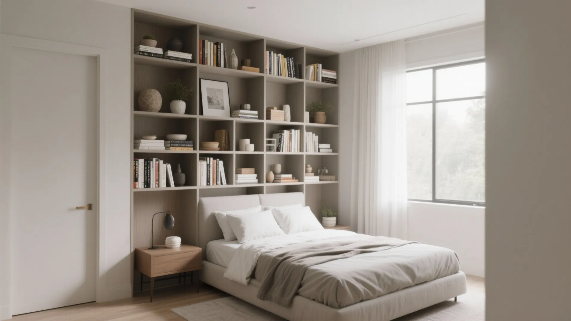 Modern bedroom featuring a full wall of bookshelves behind a white bed with wooden nightstand