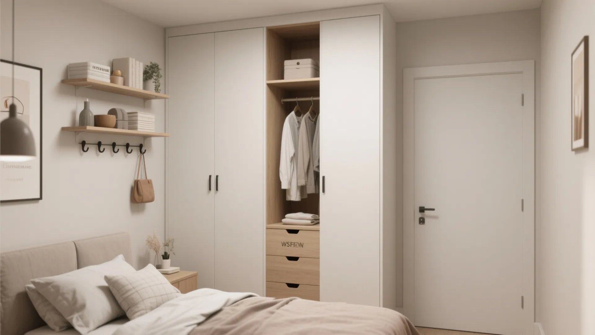Minimalist bedroom with white wardrobe, open clothing rail, wooden shelves, bed, and a white door