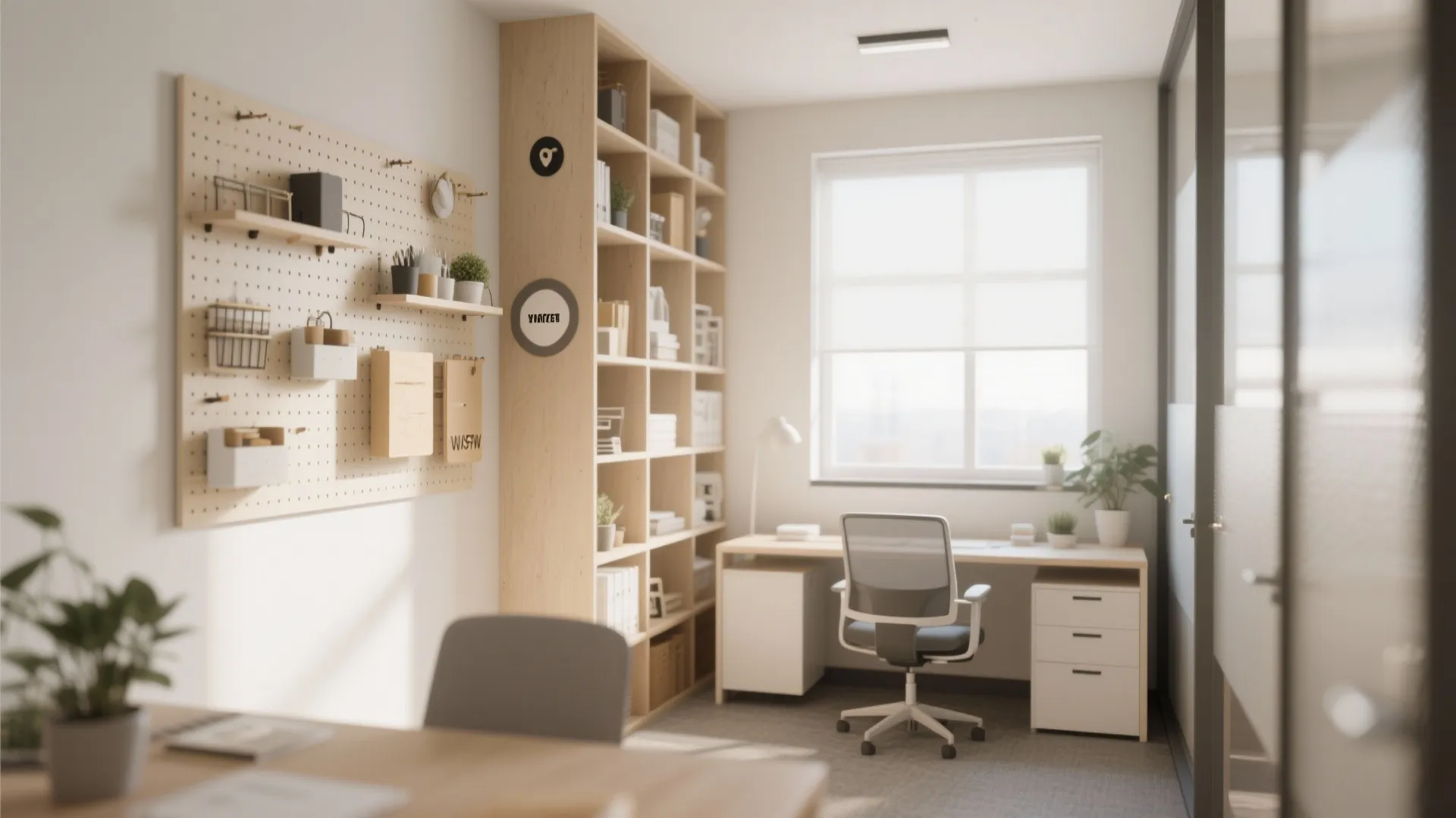 Home office with wooden pegboard wall storage tall bookshelf white desk chair and large bright window