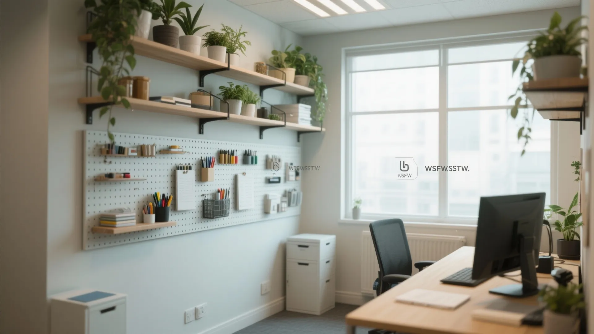 Home office workspace featuring wall shelves with plants a pegboard organizer and a wooden desk