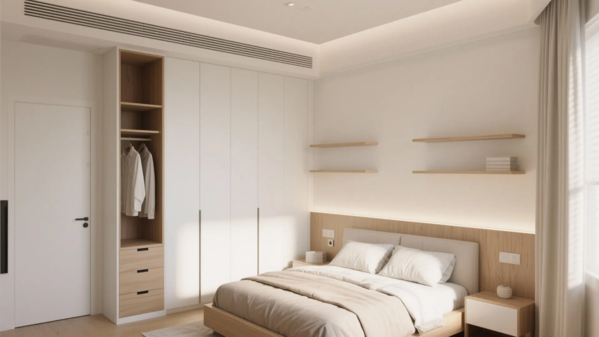 Modern bedroom with a white wardrobe including open shelves for clothes and a double bed