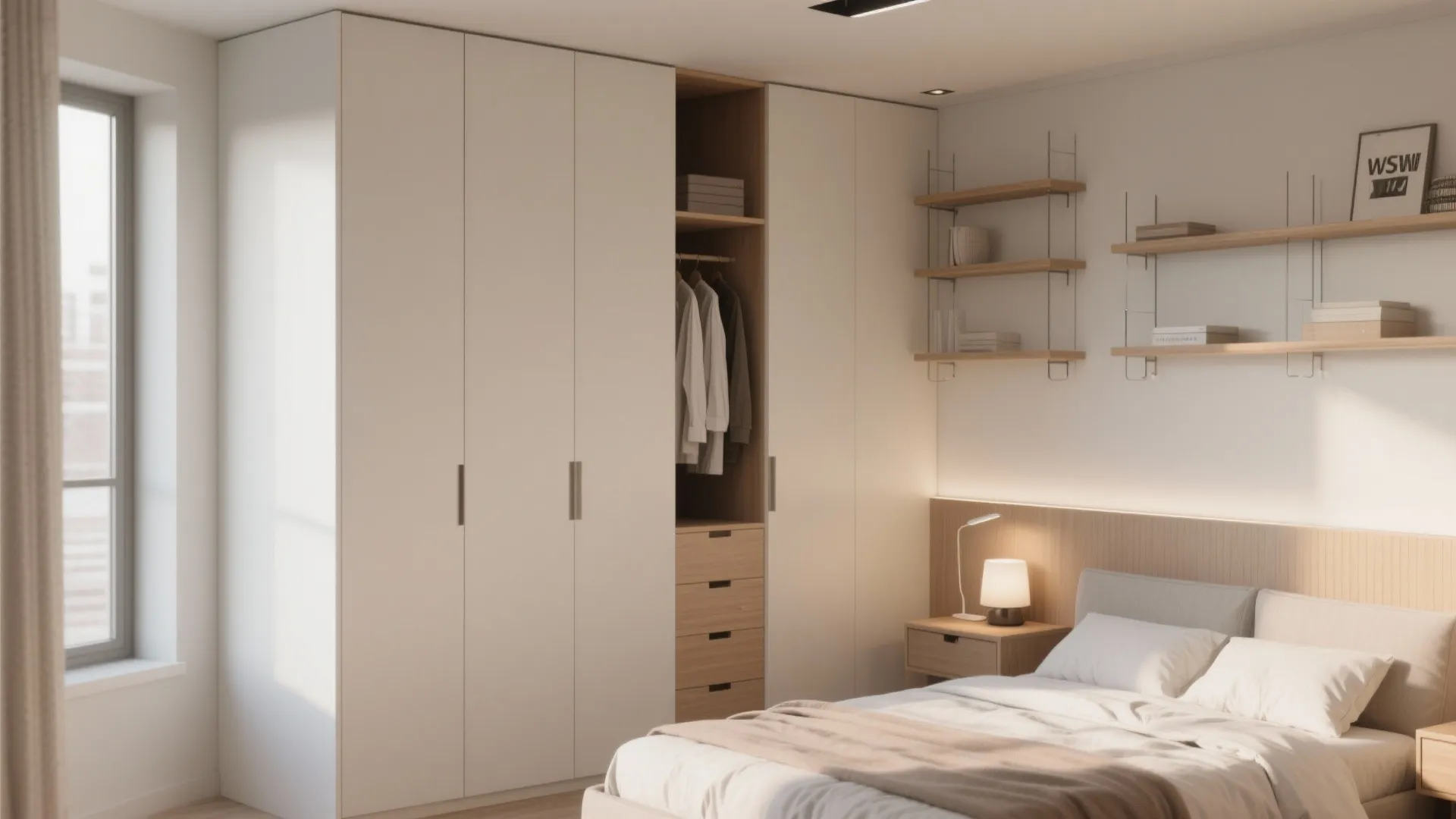 Tall shelves and wardrobes in a small bedroom for vertical storage