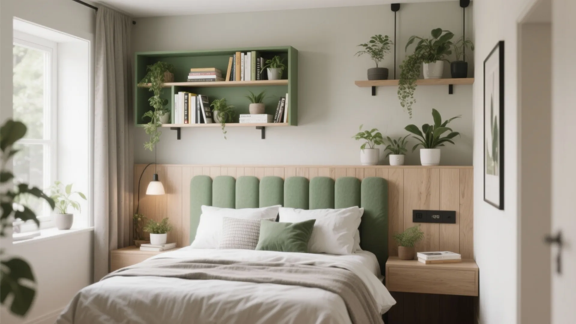 Modern bedroom with green wall panels wooden shelves multiple indoor plants and a small wall light