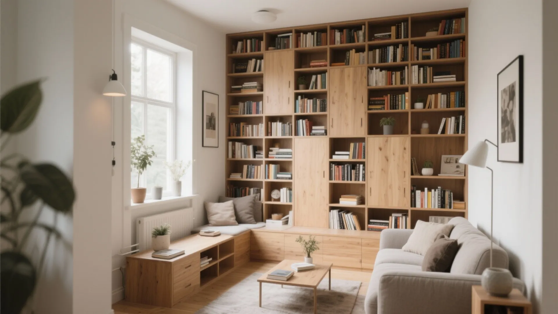 Living room featuring full wall wooden bookshelf, grey sofa, coffee table, rug, and wall light