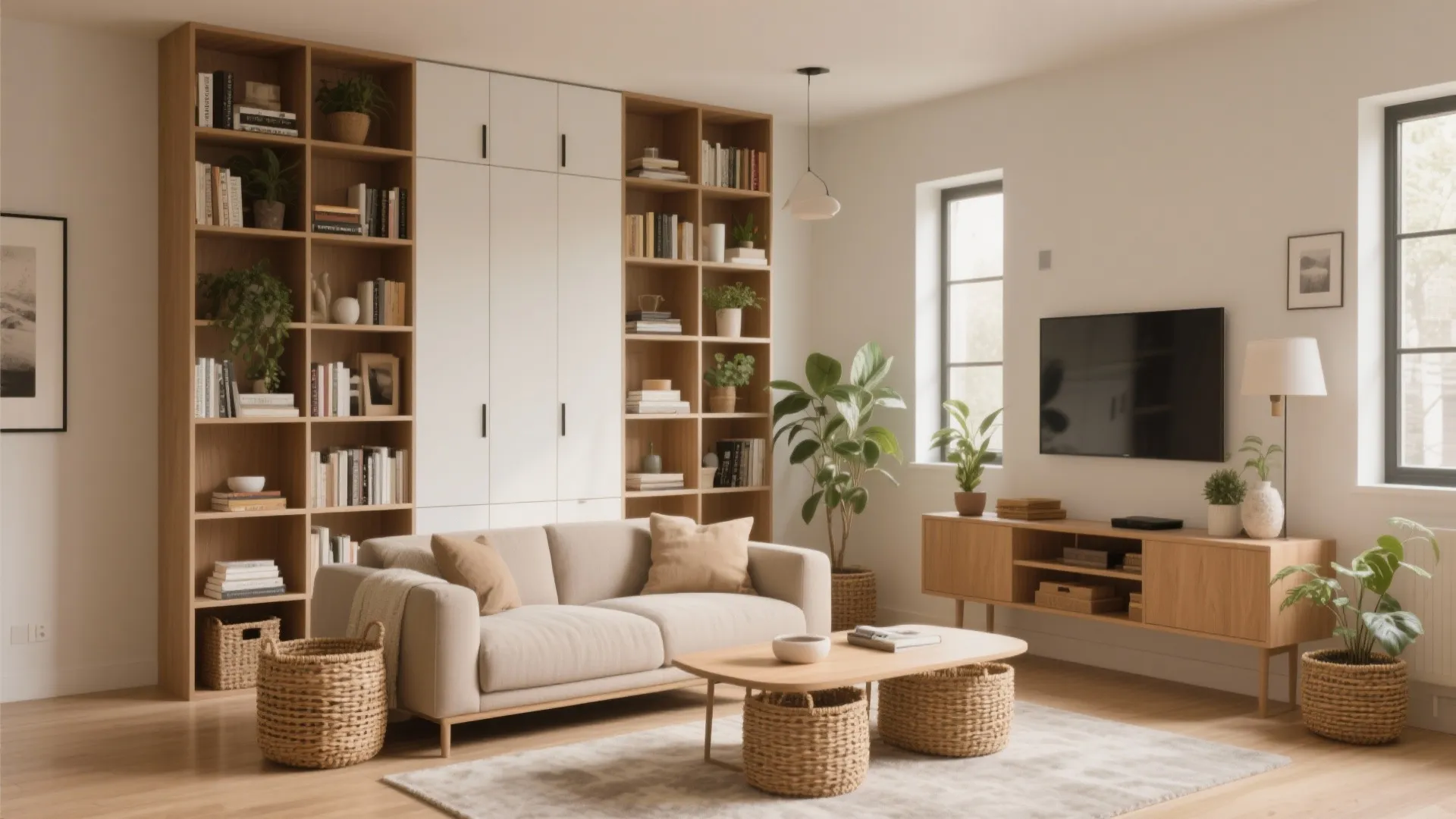 Living room with tall wooden bookshelves white sofa television on cabinet and several woven baskets