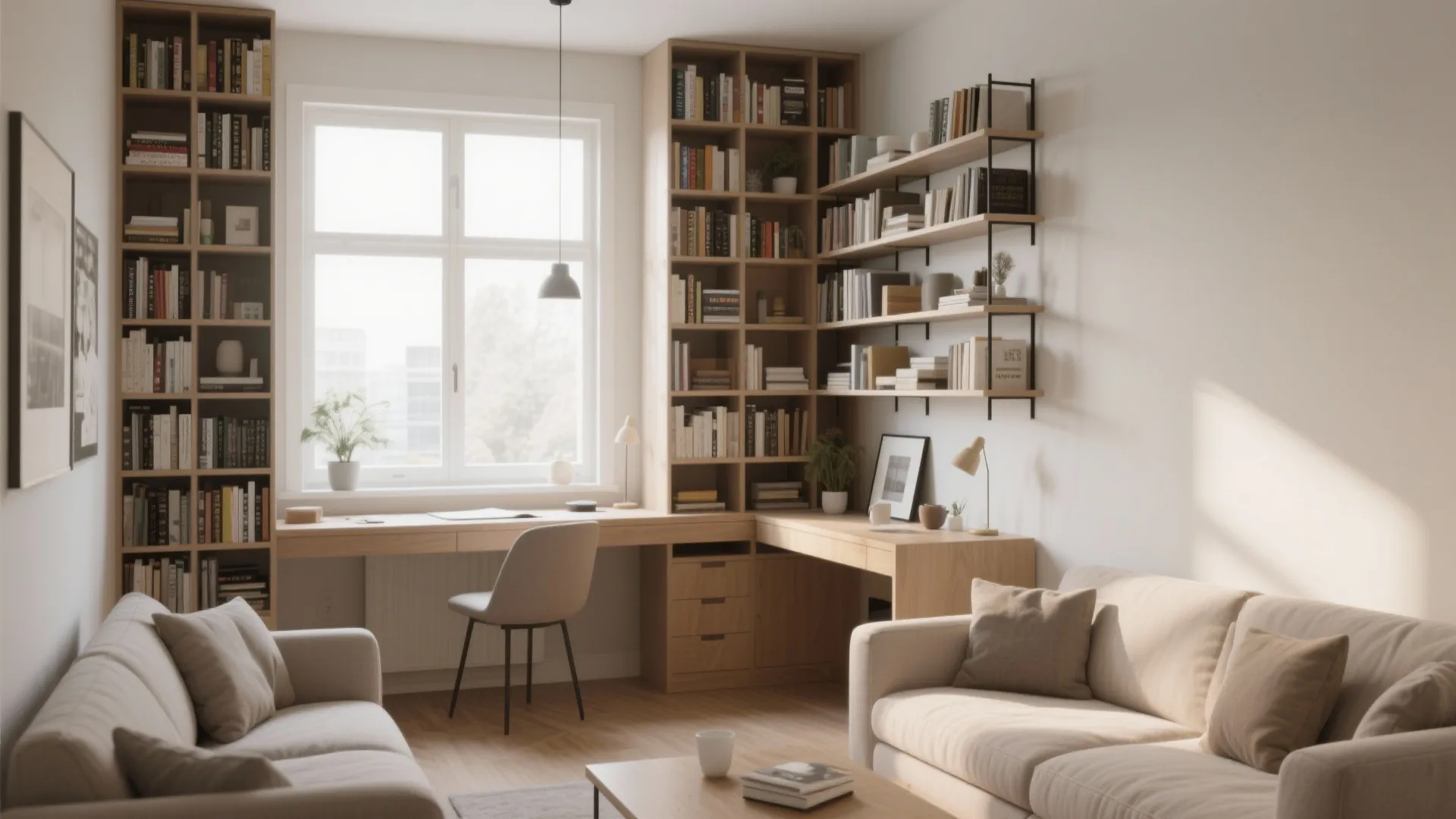 Modern home office with tall wooden bookshelves L-shaped desk white chair and light colored sofas
