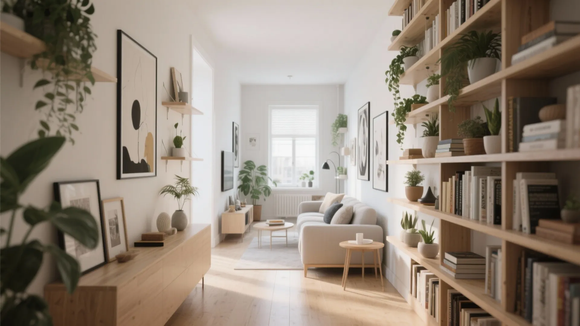 Bright living room with wooden wall shelves for books and plants and a white fabric sofa