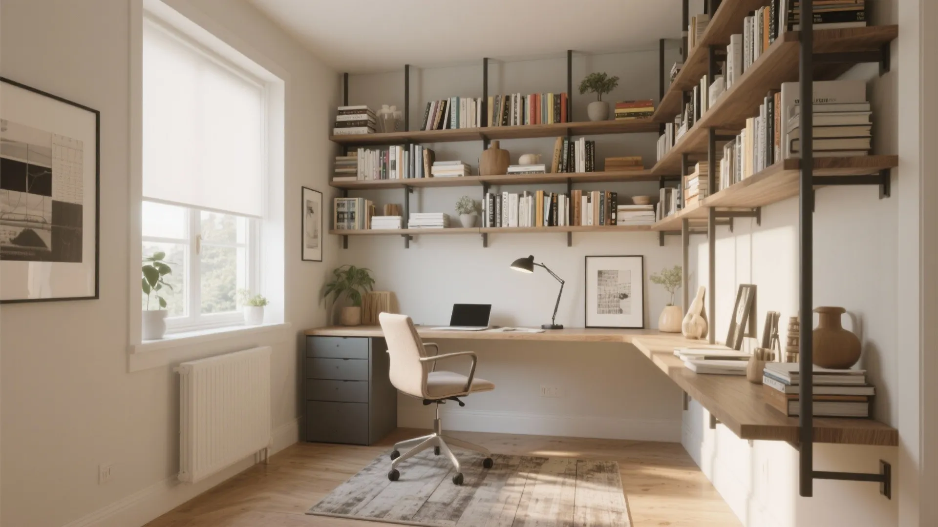 Home office with L shaped wooden desk beige chair laptop many wall shelves and light