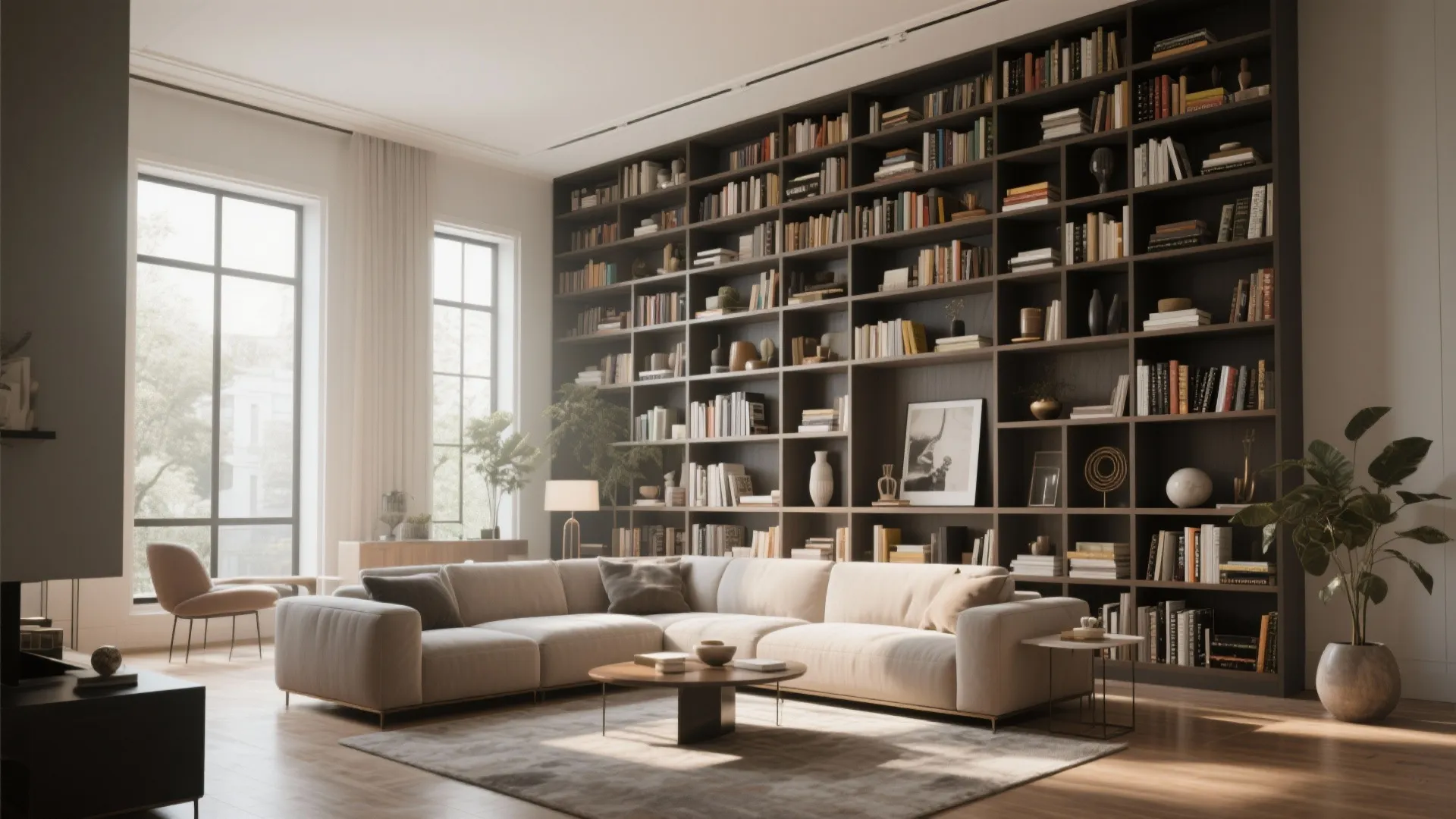Tall built-in bookshelves in living room for vertical storage