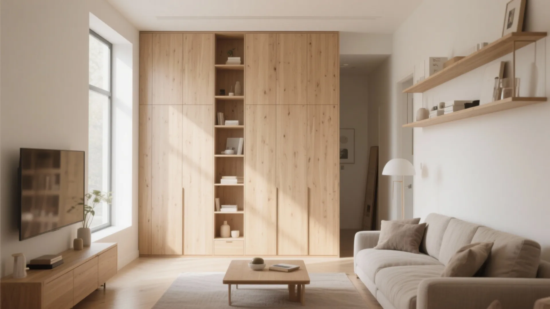 Minimalist living room featuring tall wood wall cabinet white sofa coffee table and natural sun light