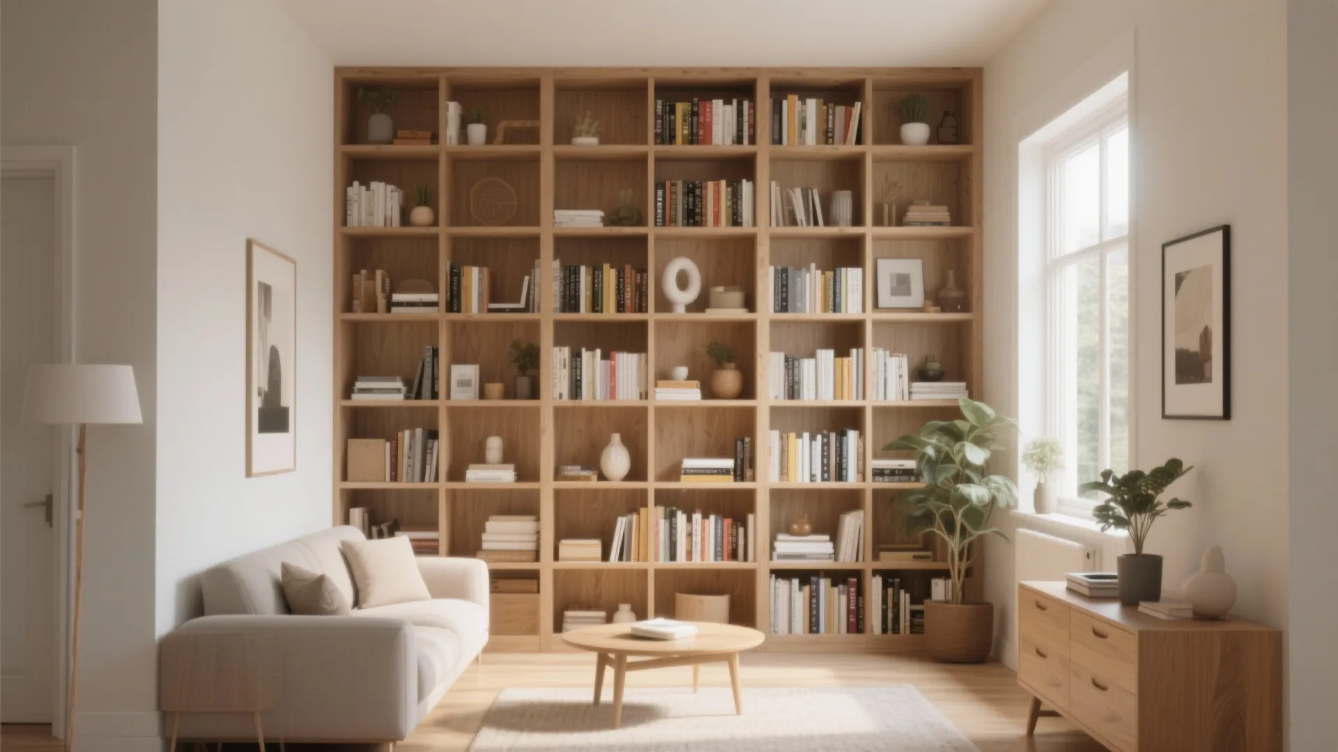 Floor to ceiling wooden bookshelf in a bright living room with sofa and coffee table