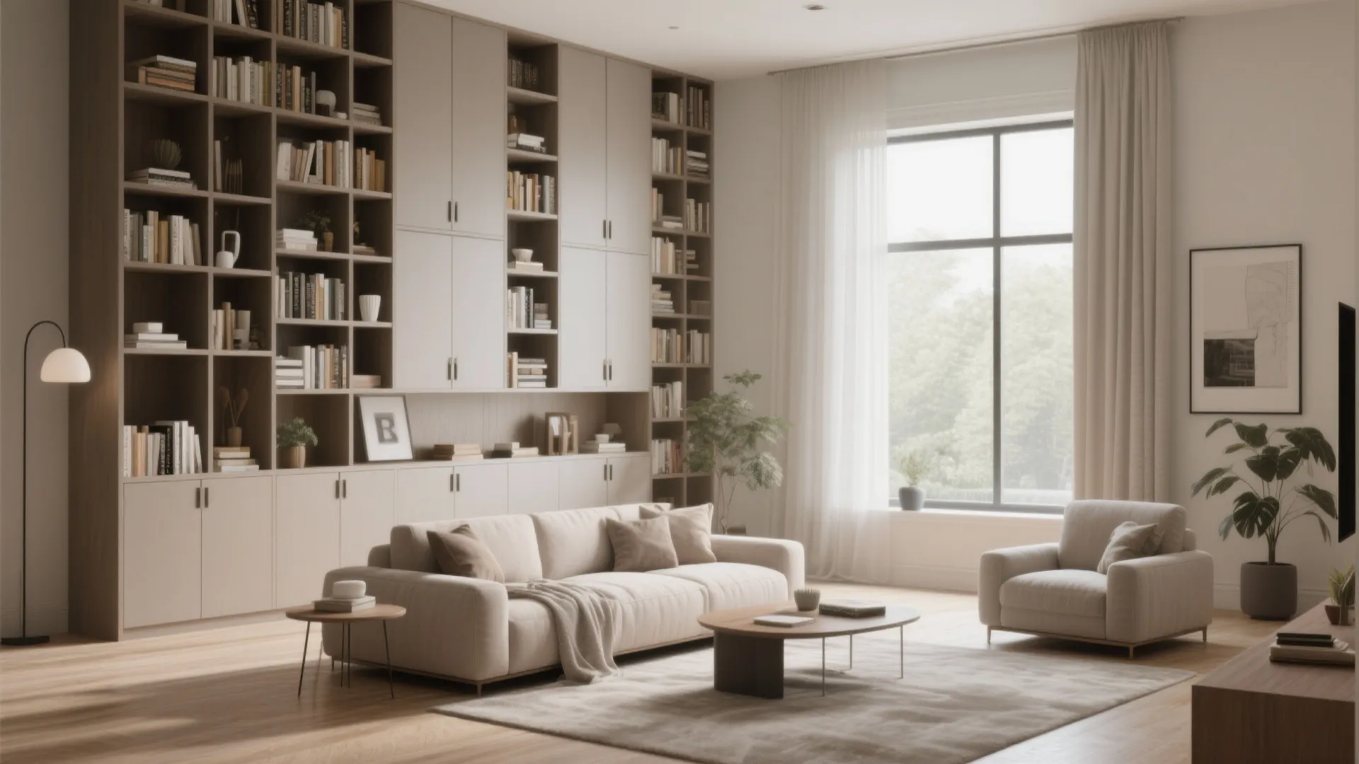 Modern living room featuring large wall bookshelf cream sofa wooden coffee table and big windows