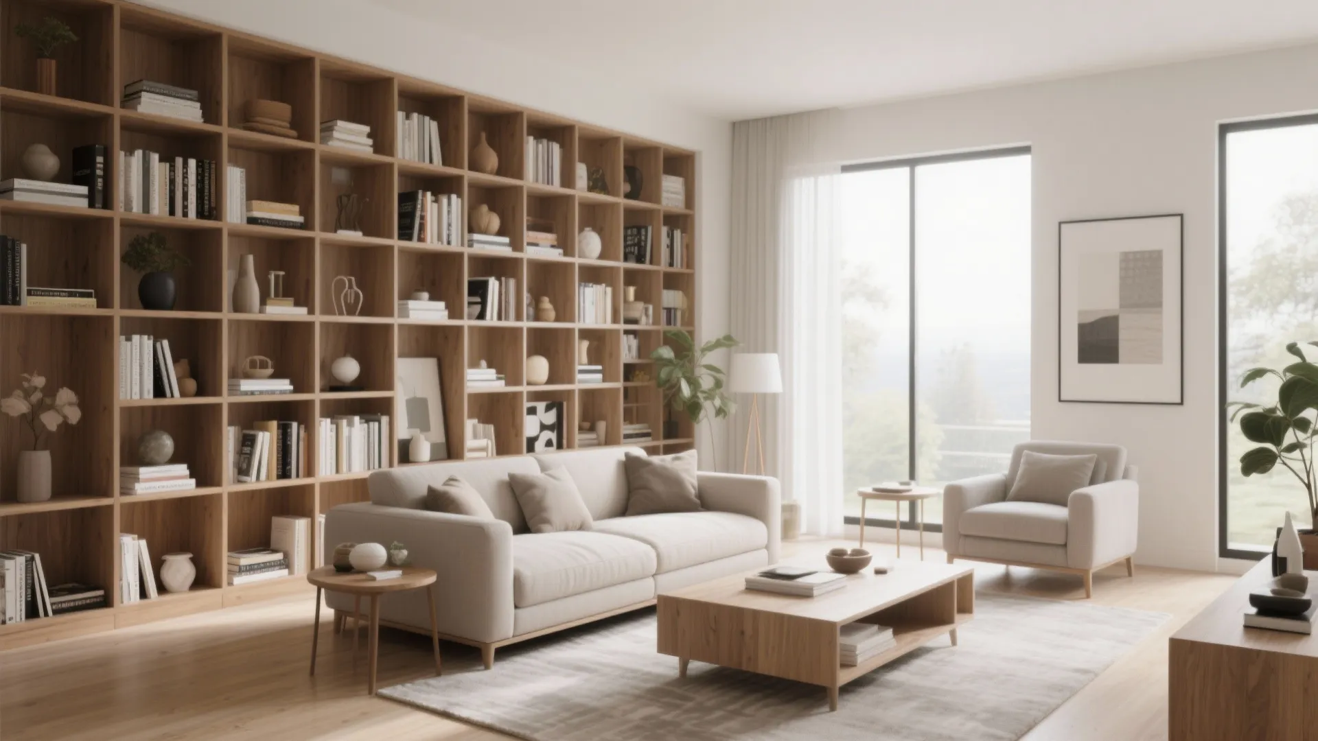 Living room featuring a large wooden cabinet wall for books beside a white sofa and rug