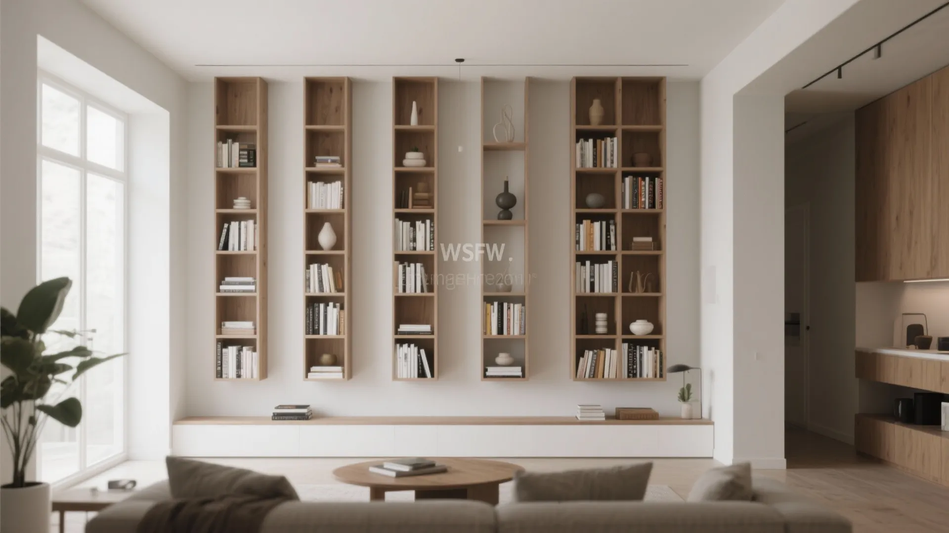 Minimalist living room with vertical wooden wall shelves for books and decorative items with sofa