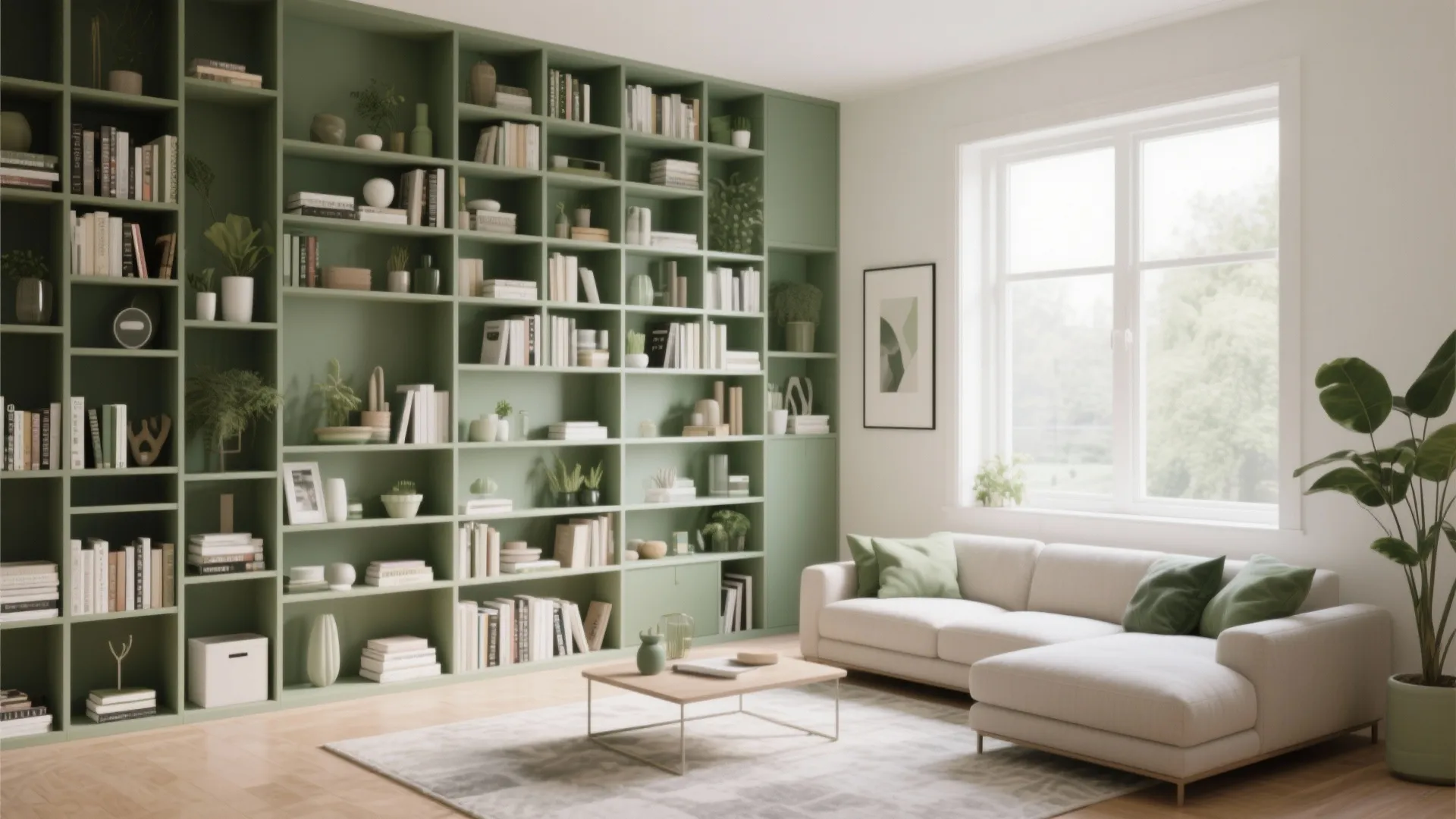 Modern living room featuring a floor to ceiling green wall cabinet filled with books and plants