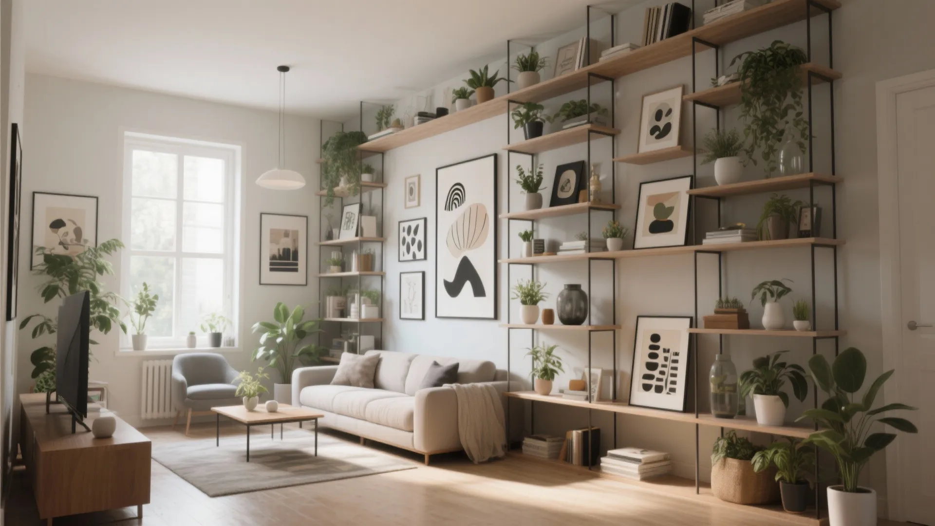 Tall vertical shelves in a small living room