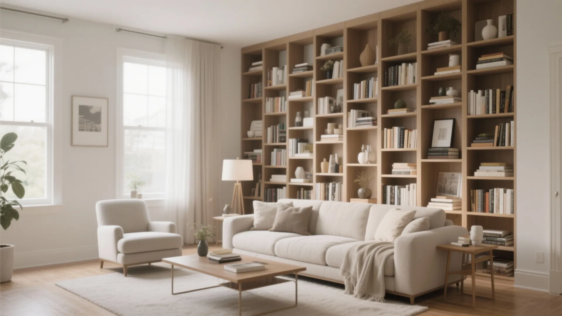 Living room with floor to ceiling wooden bookshelf white sofa armchair and wooden coffee table design