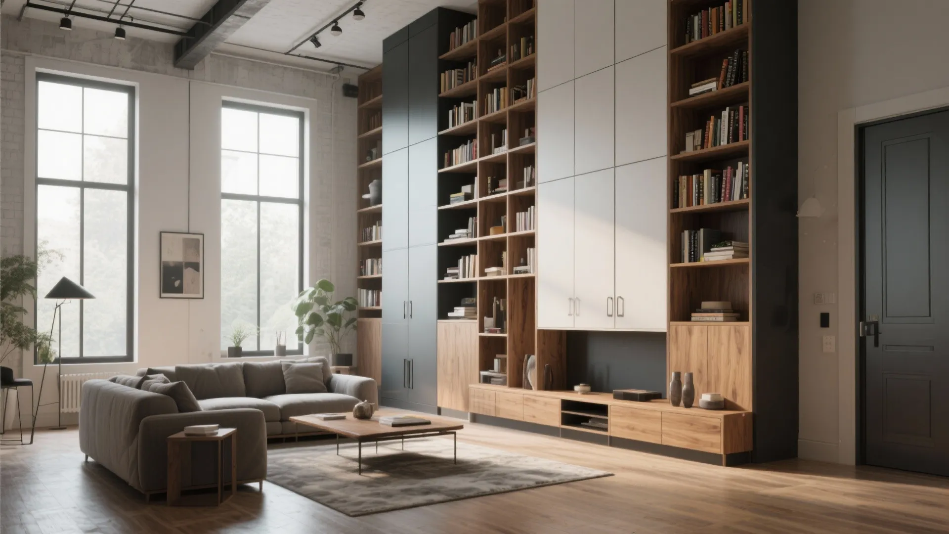 Modern living room with floor to ceiling bookshelves wooden cabinet grey sofa and large windows