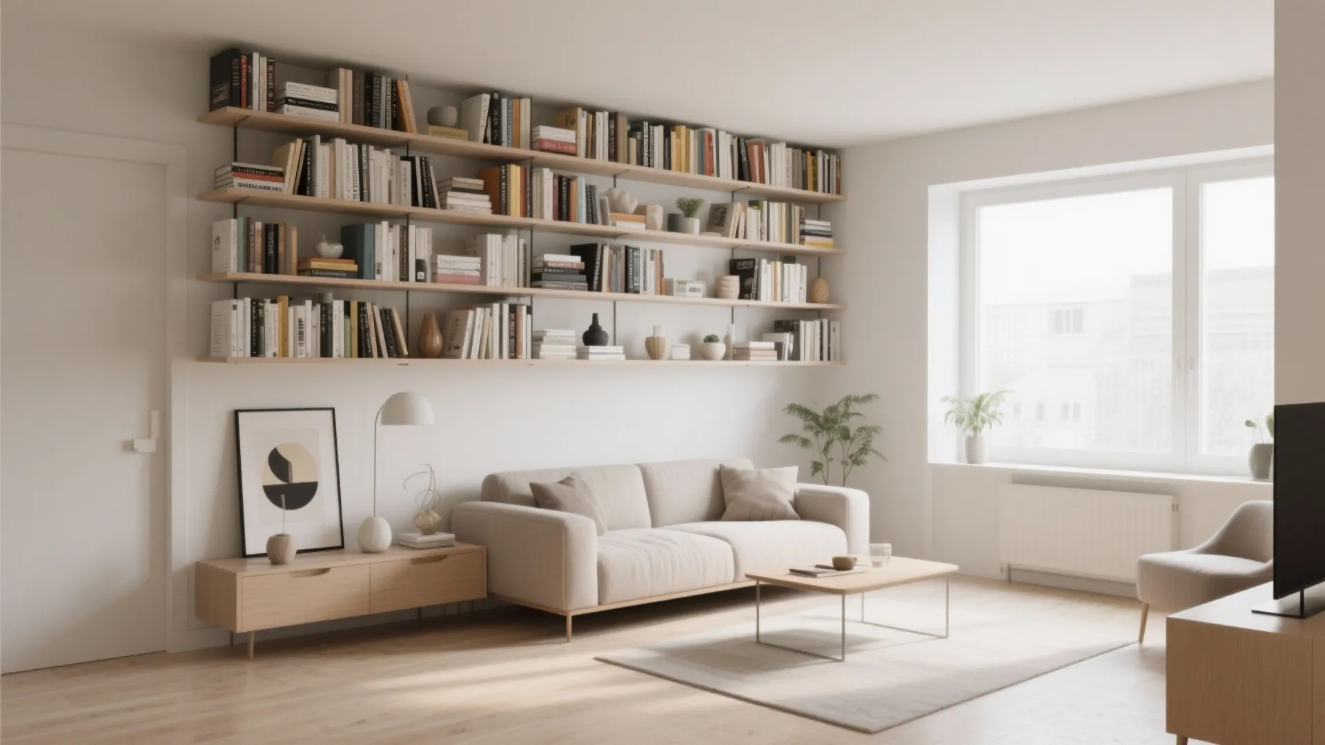 Minimalist living room with beige sofa, wooden coffee table, large wall bookshelves, and bright window