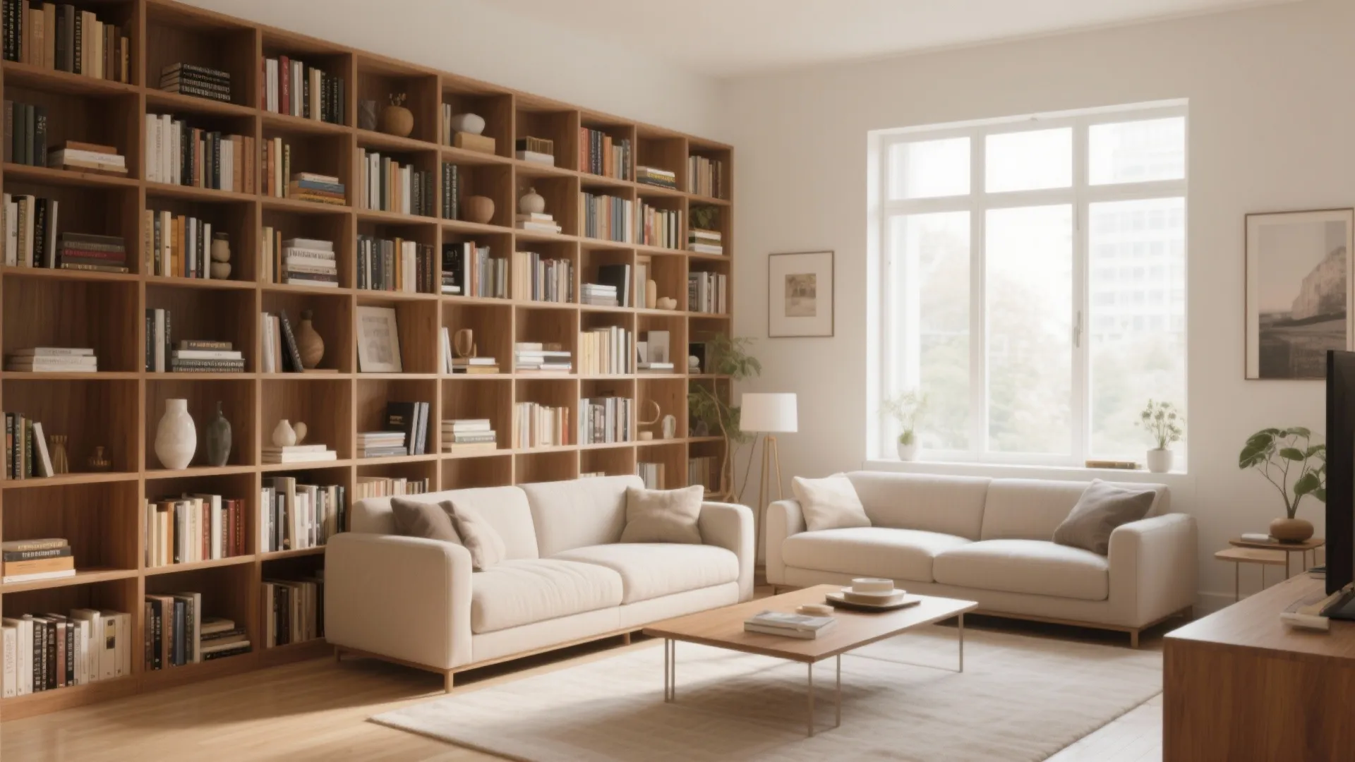 Large wooden wall cabinet filled with books behind two cream sofas and a coffee table
