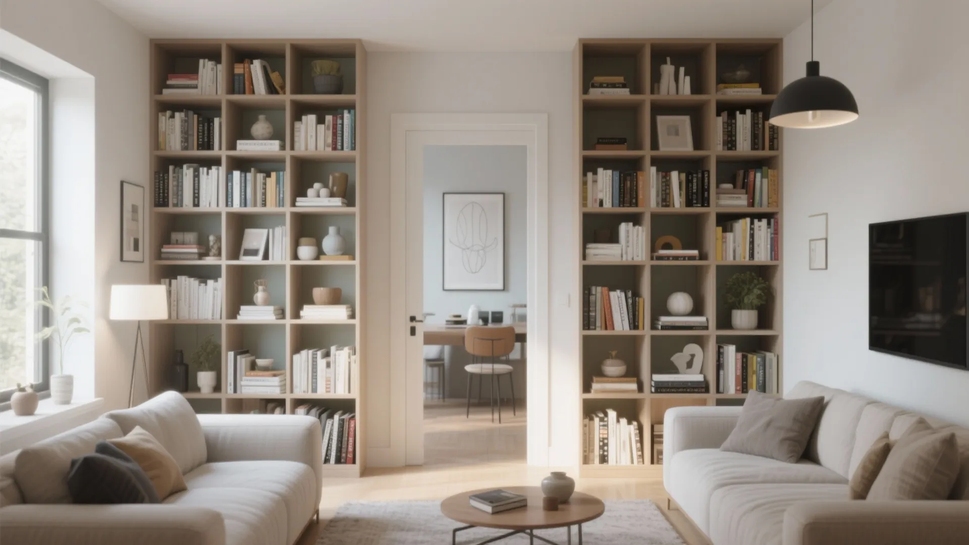 Living room with two large bookshelves flanking a doorway between white sofas and round table