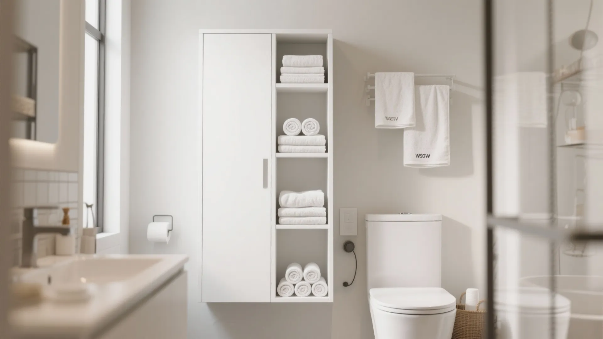 White bathroom storage cabinet with shelves for folded towels next to a white ceramic toilet