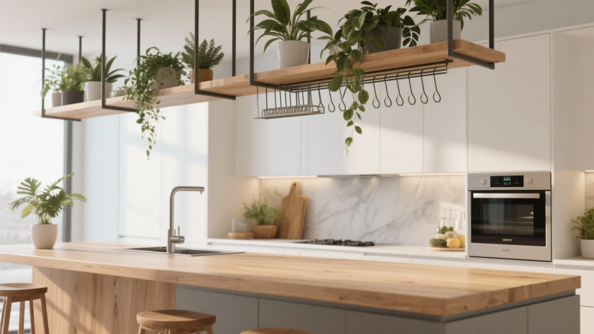 Vertical shelves and hanging rack above kitchen island
