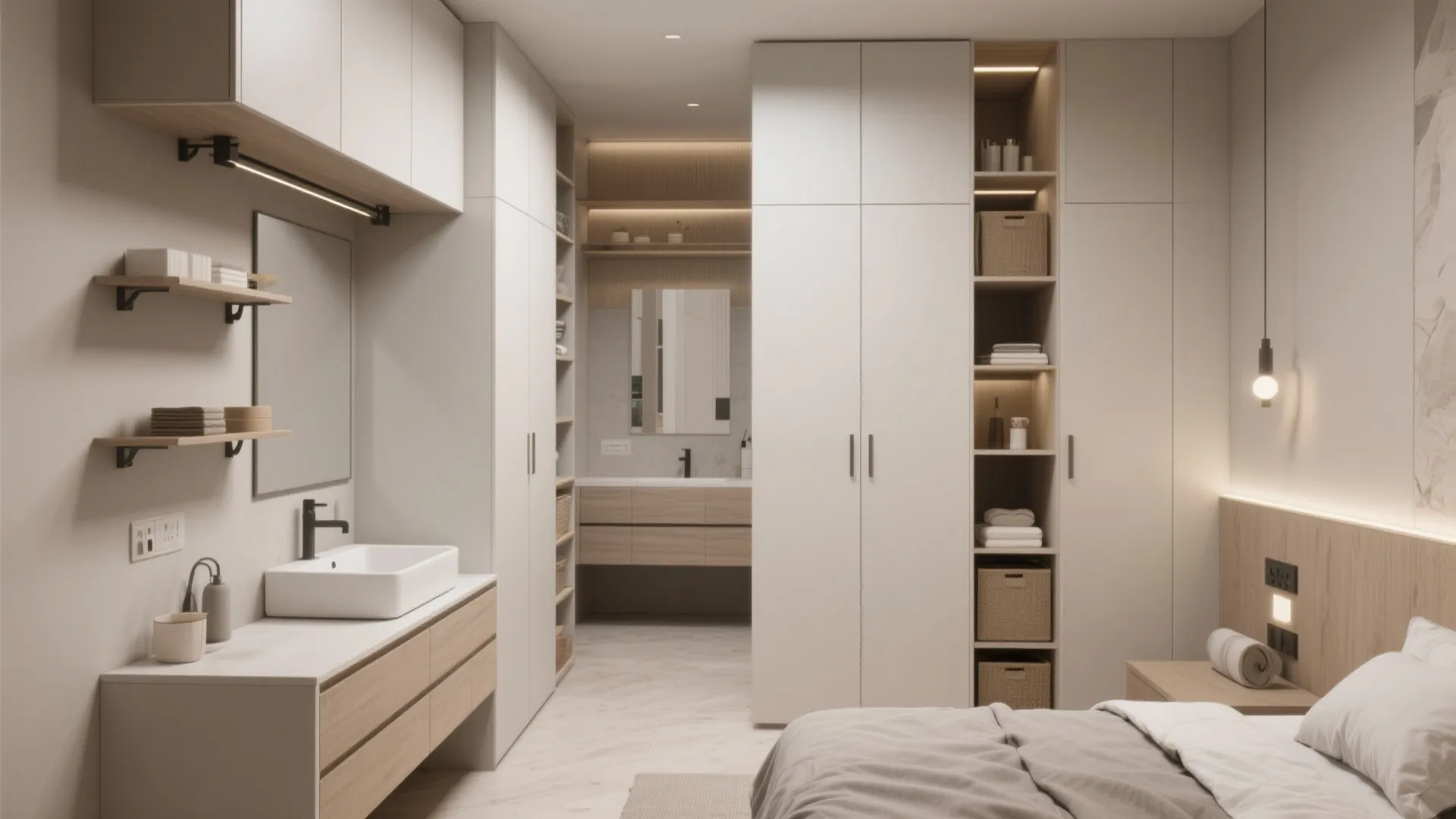 Modern bedroom with floor to ceiling white cabinets and wooden shelves for neat vertical storage