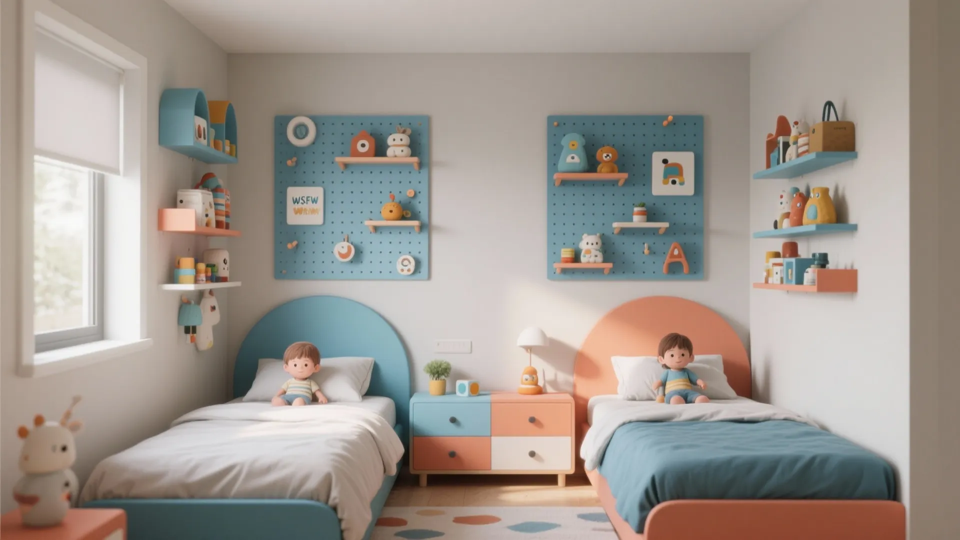 Kids bedroom with two colorful beds blue pegboards for toy storage and white wall shelves