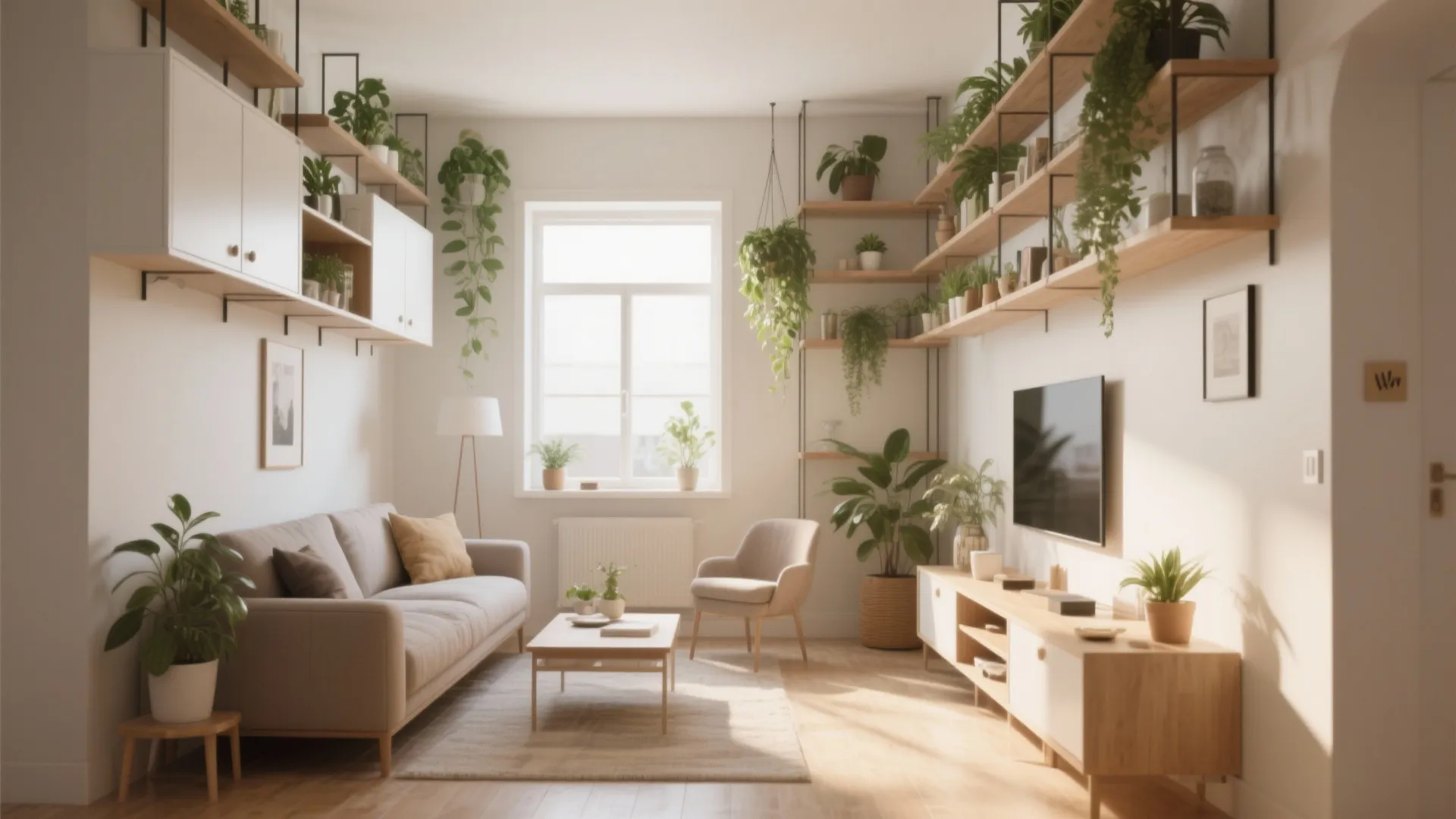Bright living room with many wall shelves holding green plants and a beige sofa set