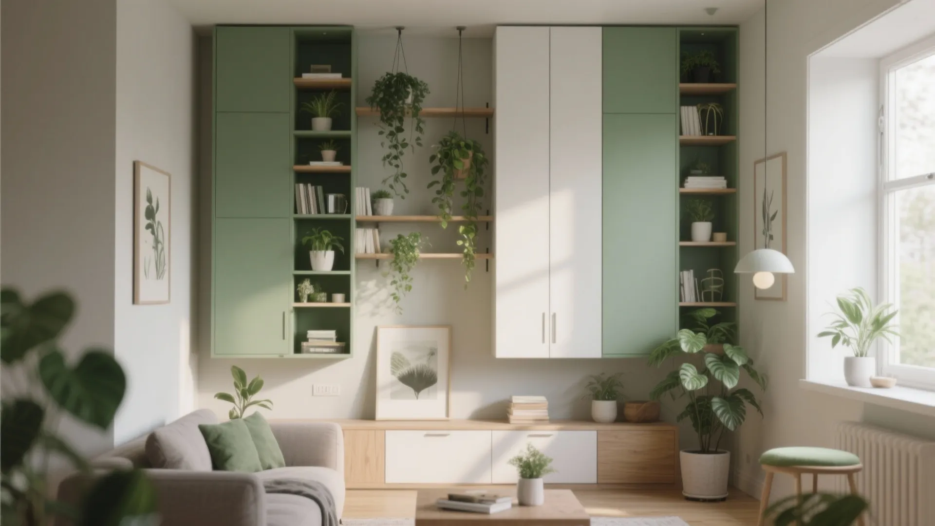 Modern living room featuring green wall cabinets white storage units and various indoor green plants