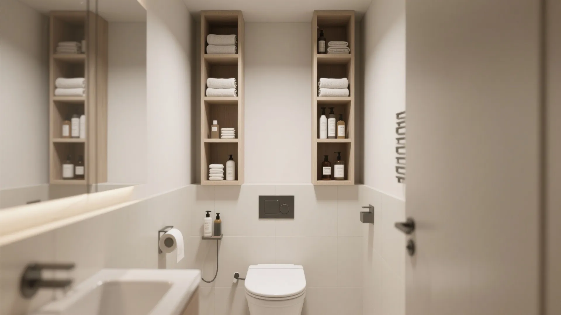 Minimalist bathroom design with vertical wooden wall shelves for towels bottles sink and white toilet